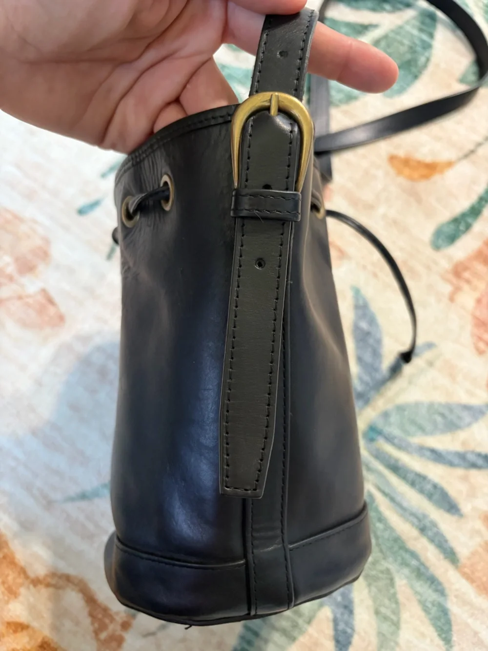 Sezane Mini Farrow Classic Black Leather Drawstring Bucket Bag Crossbody